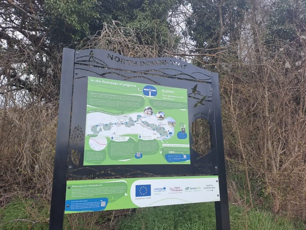 North Downs Way metal sign marking the end of the Otford to Cuxton section