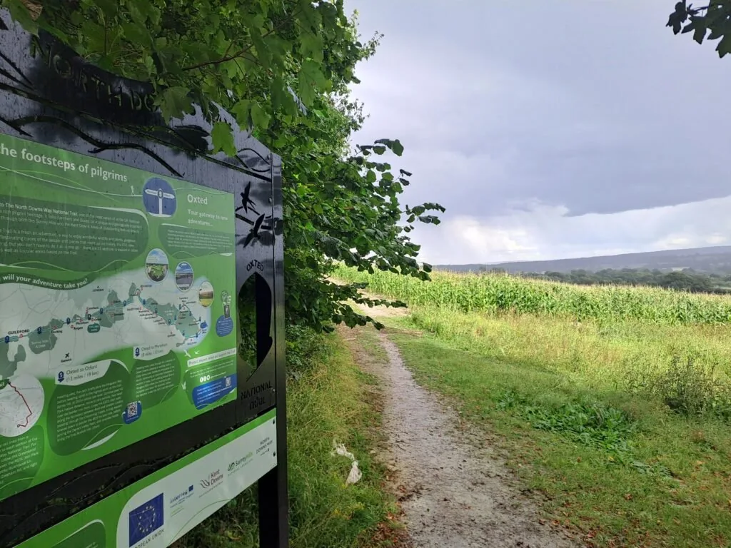 North Downs Way sign at the end of the Merstham to Oxted section
