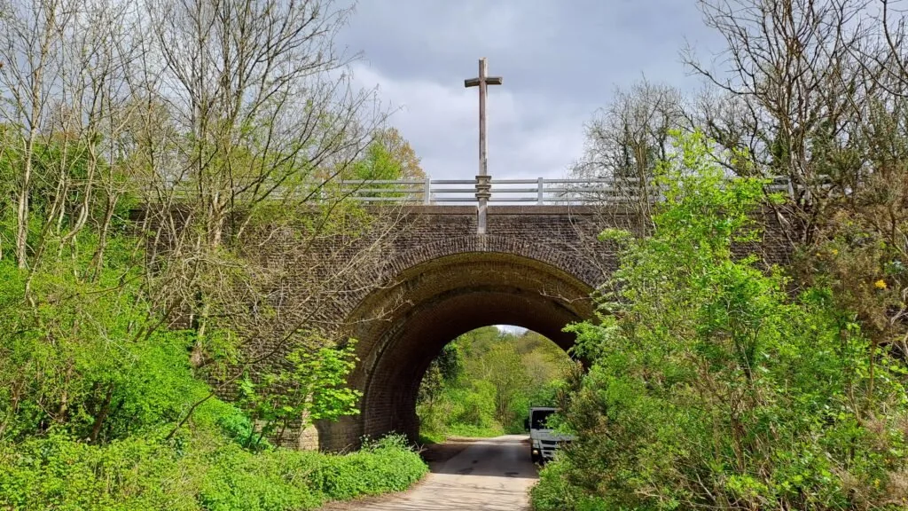 Wooden cross sculpture on the Farnham to Guildford section of the North Downs Way